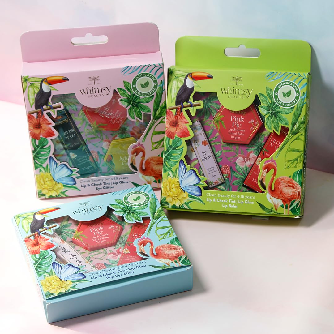 Whimsy Beauty Organic & Safe Kids Makeup Kit | Safe, Non-Toxic Beauty Set for Girls | Includes Lip & Cheek Tint, Lightweight Lip Gloss & Water-Washable Eye Glitter | Birthday Gift