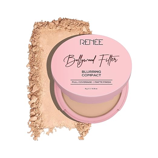 RENEE Bollywood Filter Blurring Compact - Fudge Fuzz | Pore Minimising, Matte Finish, Full Coverage, Rich Pay-off | Blurs Pores & Blemishes | 9g