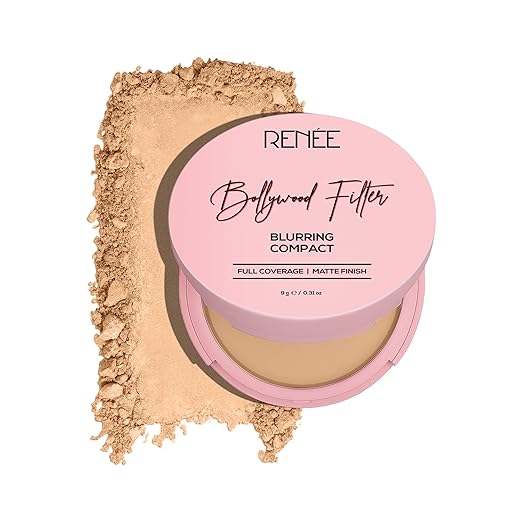 RENEE Bollywood Filter Blurring Compact - Fudge Fuzz | Pore Minimising, Matte Finish, Full Coverage, Rich Pay-off | Blurs Pores & Blemishes | 9g