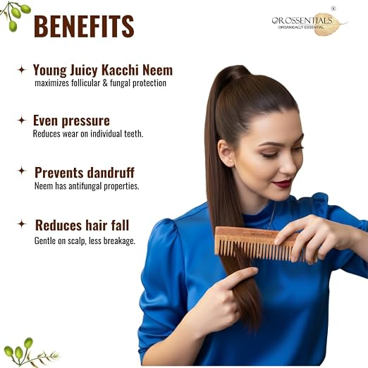 Neem Wooden Comb | Anti-Dandruff Natural Wood Comb | Handmade Wide Tooth Hair Comb for Men & Women | Reduces Hair Fall & Frizz | Scalp Care & Hair Growth (ORO-001)