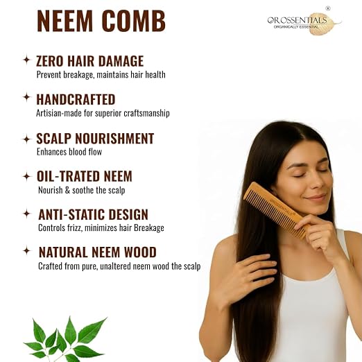 Neem Wooden Comb | Anti-Dandruff Natural Wood Comb | Handmade Wide Tooth Hair Comb for Men & Women | Reduces Hair Fall & Frizz | Scalp Care & Hair Growth (ORO-001)