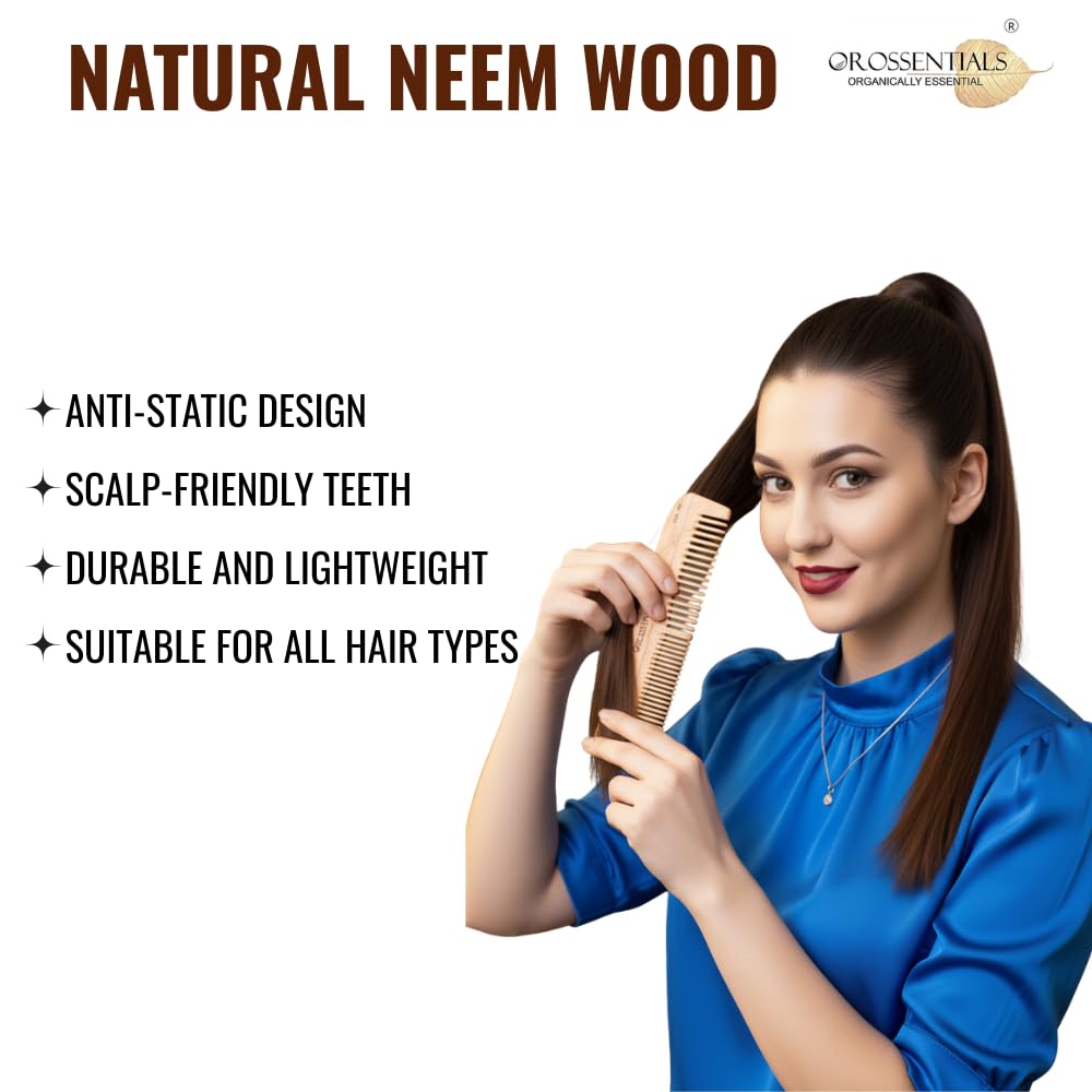 Neem wooden comb two in one || Dual-sided neem comb || Natural neem wooden hair comb || Anti-dandruff neem comb double side-Pack of 1 (ORO-003)