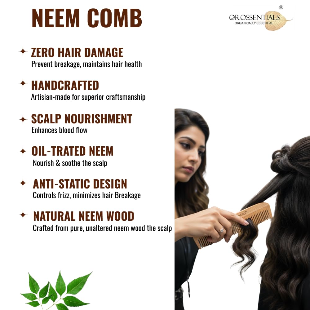 Neem wooden comb two in one || Dual-sided neem comb || Natural neem wooden hair comb || Anti-dandruff neem comb double side-Pack of 1 (ORO-003)