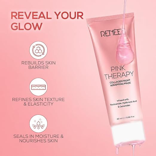RENEE Pink Therapy Collagen Night Wrapping Face Mask, 20 ml | For Young, Hydrated Skin, Texture & Elasticity, Improves Skin Barrier, Hyaluronic Acid & Niacinamide Infused