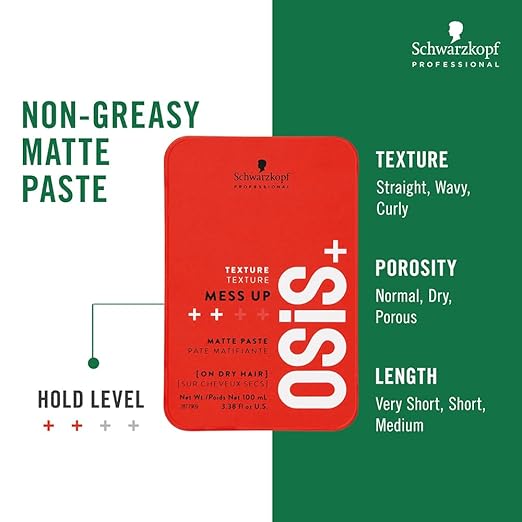 Schwarzkopf Professional OSiS+ Mess Up Hair Styling Matte Paste |Easy to Mould |Easy to apply and Wash | Vegan | Medium Hold | Dry and Non-Greasy | Matte finish| Pomade | 100 ml