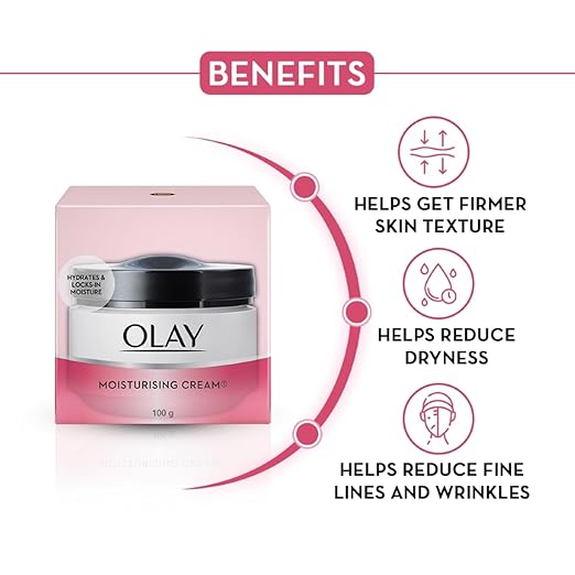 Olay Moisturizing Cream |Nourishing and moisturizing ingredients |All day moisture, Improves skin softness and smoothness |Suitable for Normal, Dry, Oily & Combination skin |100 gm