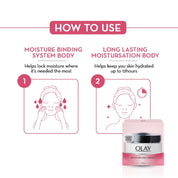 Olay Moisturizing Cream |Nourishing and moisturizing ingredients |All day moisture, Improves skin softness and smoothness |Suitable for Normal, Dry, Oily & Combination skin |100 gm