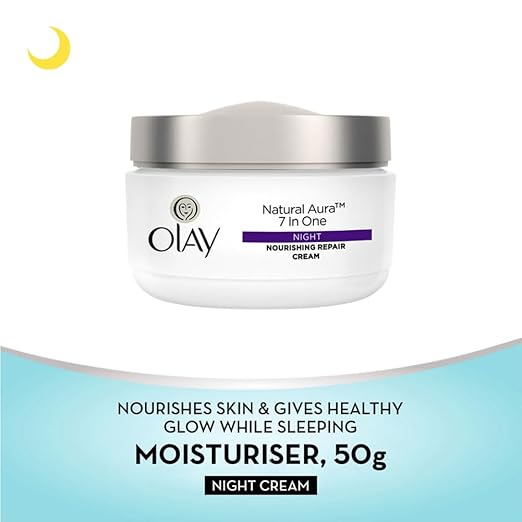 Olay Natural Aura Night Cream | Nourishes Skin for Healthy Glow | Fights 7 Signs of Ageing | With Niacinamide and Vitamin E | Normal, Oily, Dry, Combination Skin | 50g
