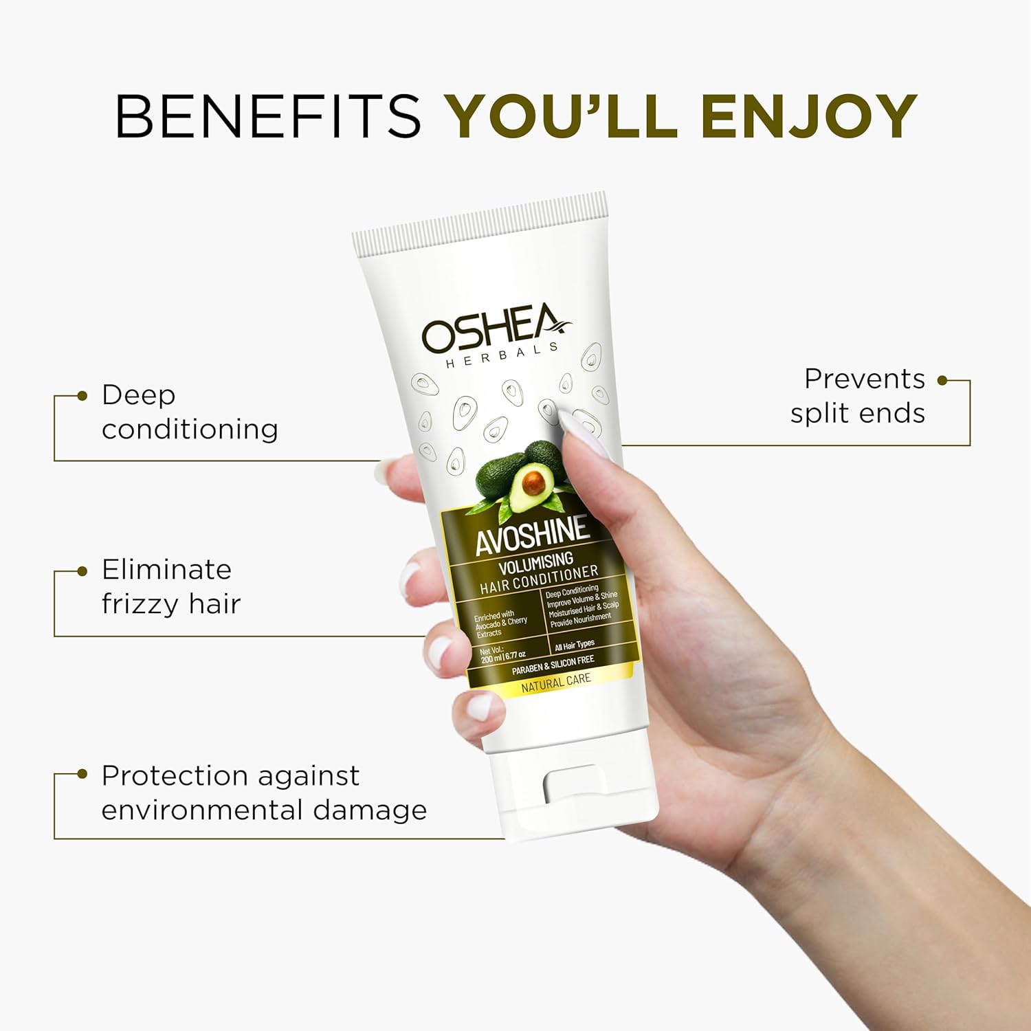 Oshea Herbals Avoshine Volumizing Hair Conditioner for Women & Men| Deep Conditioning for Smoothness, Shine & Frizz Control | Enriched with Avocado & Cherry Extract | Paraben & Silicone Free - 200ml