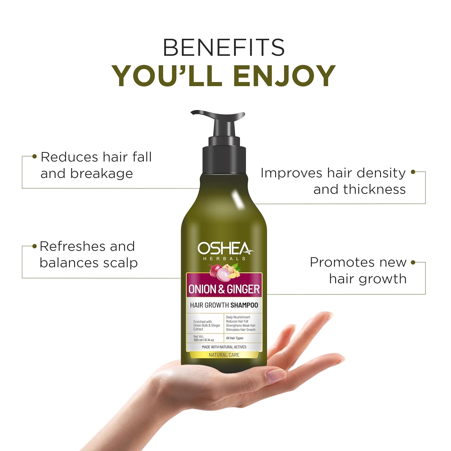 Oshea Herbals Natural Hair Growth Shampoo for Men & Women | Deep Nourishment, Promotes Hair Growth with Controlled Hairfall | Enriched with Onion Bulb & Ginger Extract - 300ml