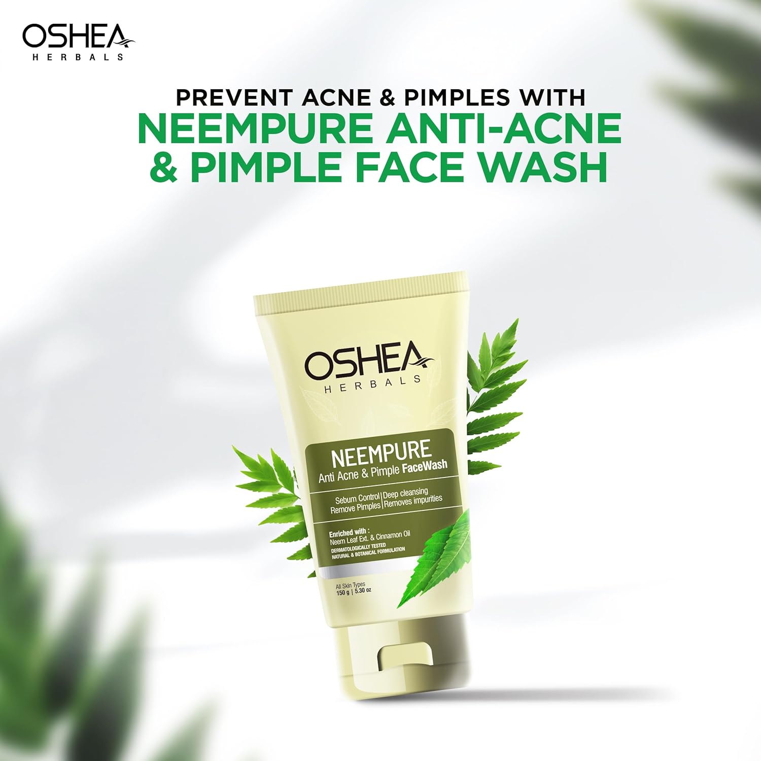 Oshea Herbals Neempure Anti Acne & Pimple Facewash for Women & Men | Controls Sebum with Deep Cleansing | Reduces Pimples & Blemish Free Clear Skin | Enriched with Neem Extract & Cinnamon Oil - 50g