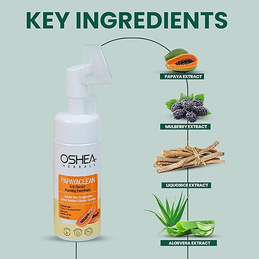 Oshea Herbals Papayaclean Anti Blemish Foaming Facewash For All Skin Types | Lightens Blemishes, Pigmentation & Hydrates Skin | With Papaya & Aloe Vera Extracts 150ml