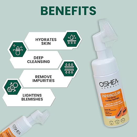 Oshea Herbals Papayaclean Anti Blemish Foaming Facewash For All Skin Types | Lightens Blemishes, Pigmentation & Hydrates Skin | With Papaya & Aloe Vera Extracts 150ml