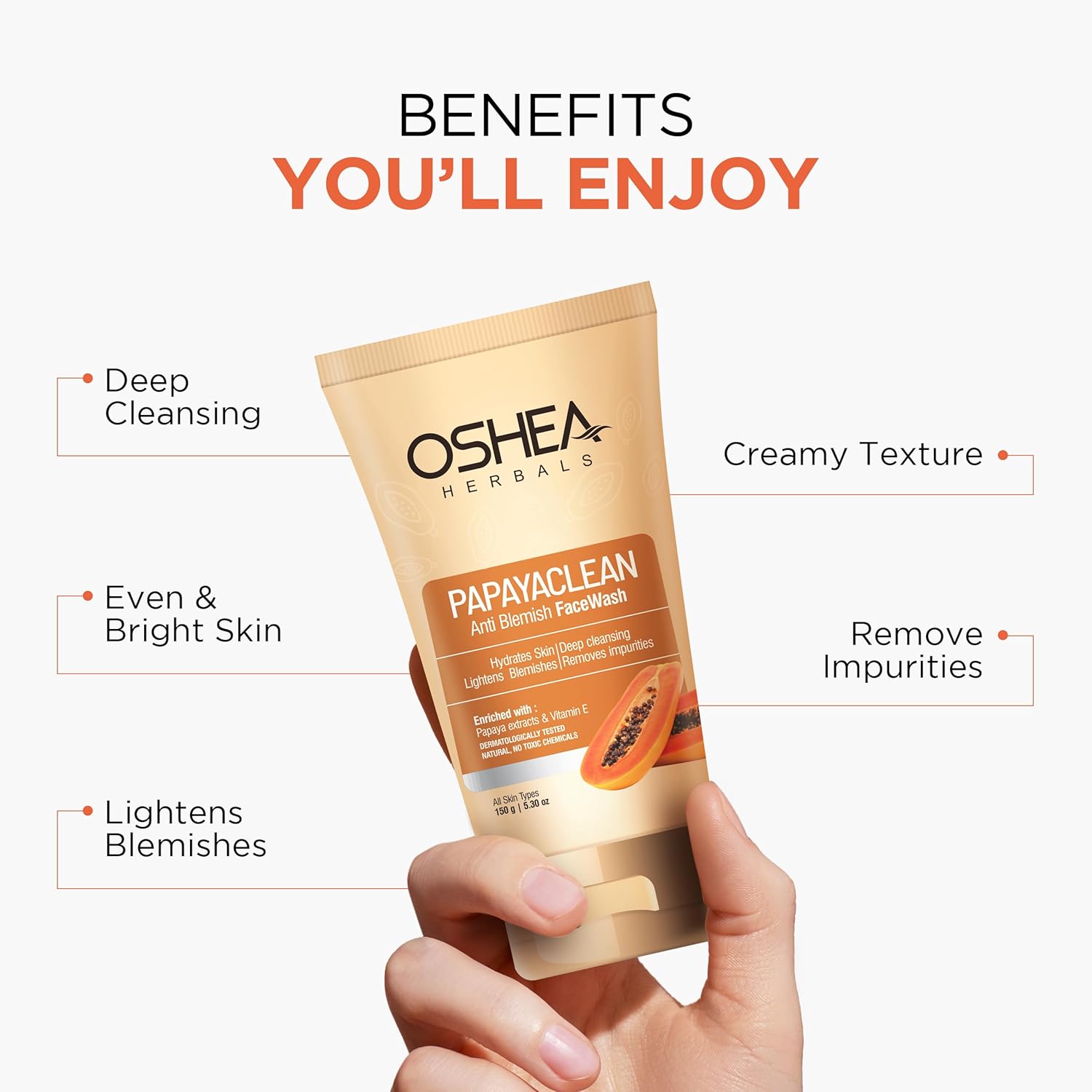 Oshea Herbals Papayaclean Anti Blemishes Face Wash for Women & Men | Removes Impurities & Lightens Blemishes | Boost Hydration & Brightens Skin | Enriched with Vitamin E & Papaya | All Skin Types