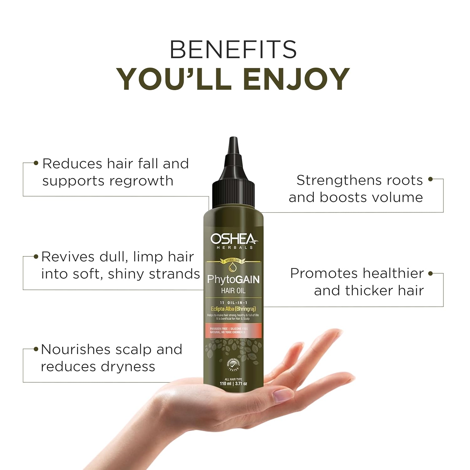 Oshea Herbals Phytogain Natural Hair Growth Oil Enriched with Bhrinjaraj | Promotes Strong Hair Growth | Paraben & Silicone Free - 110ml
