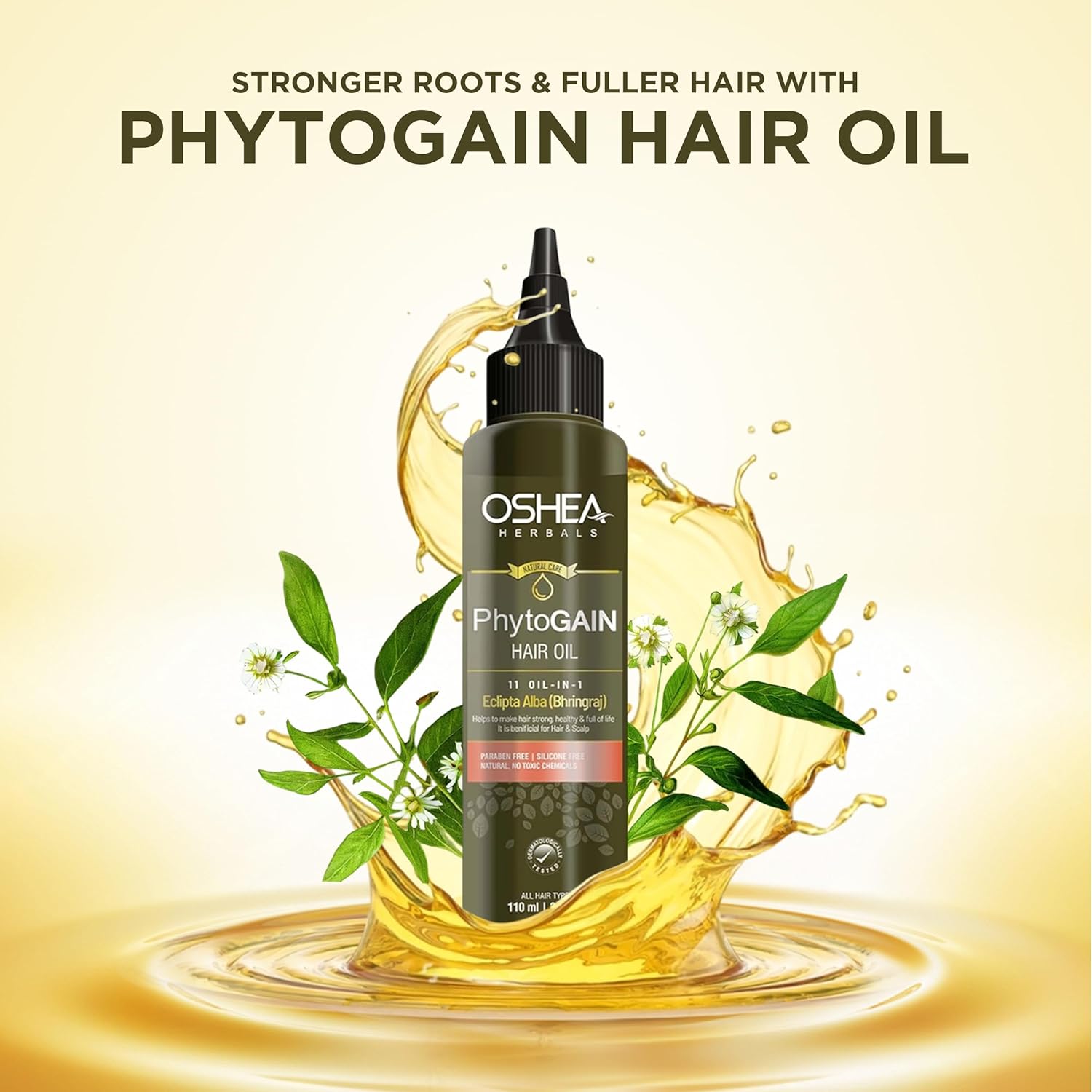 Oshea Herbals Phytogain Natural Hair Growth Oil Enriched with Bhrinjaraj | Promotes Strong Hair Growth | Paraben & Silicone Free - 110ml