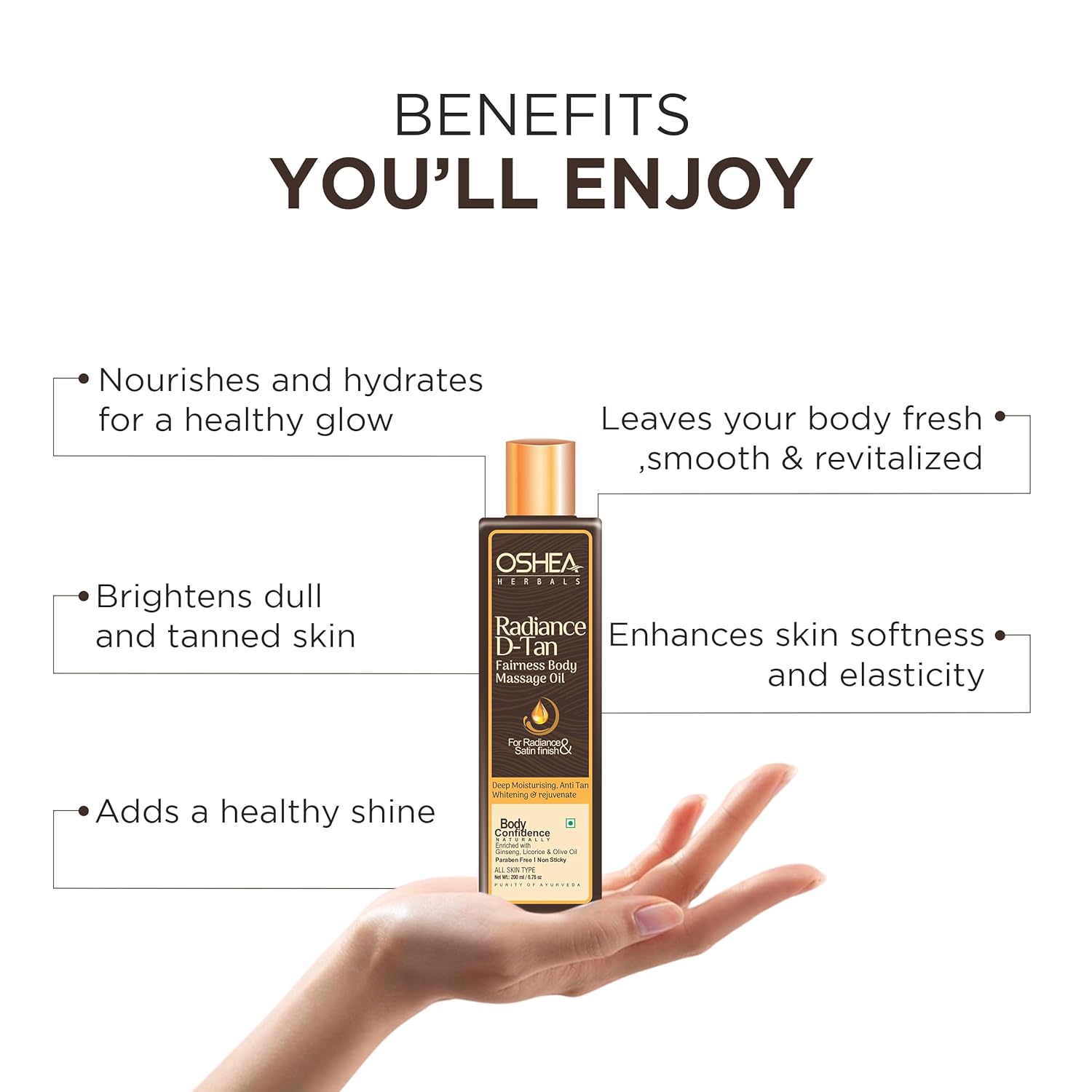 Oshea Herbals Radiance D-Tan Body Massage Oil for Men & Women | Non-Sticky Formula | Moisturizes, Brightens & Reduces Tan | Enriched with Ginseng, Licorice & Olive Oil – 200ml