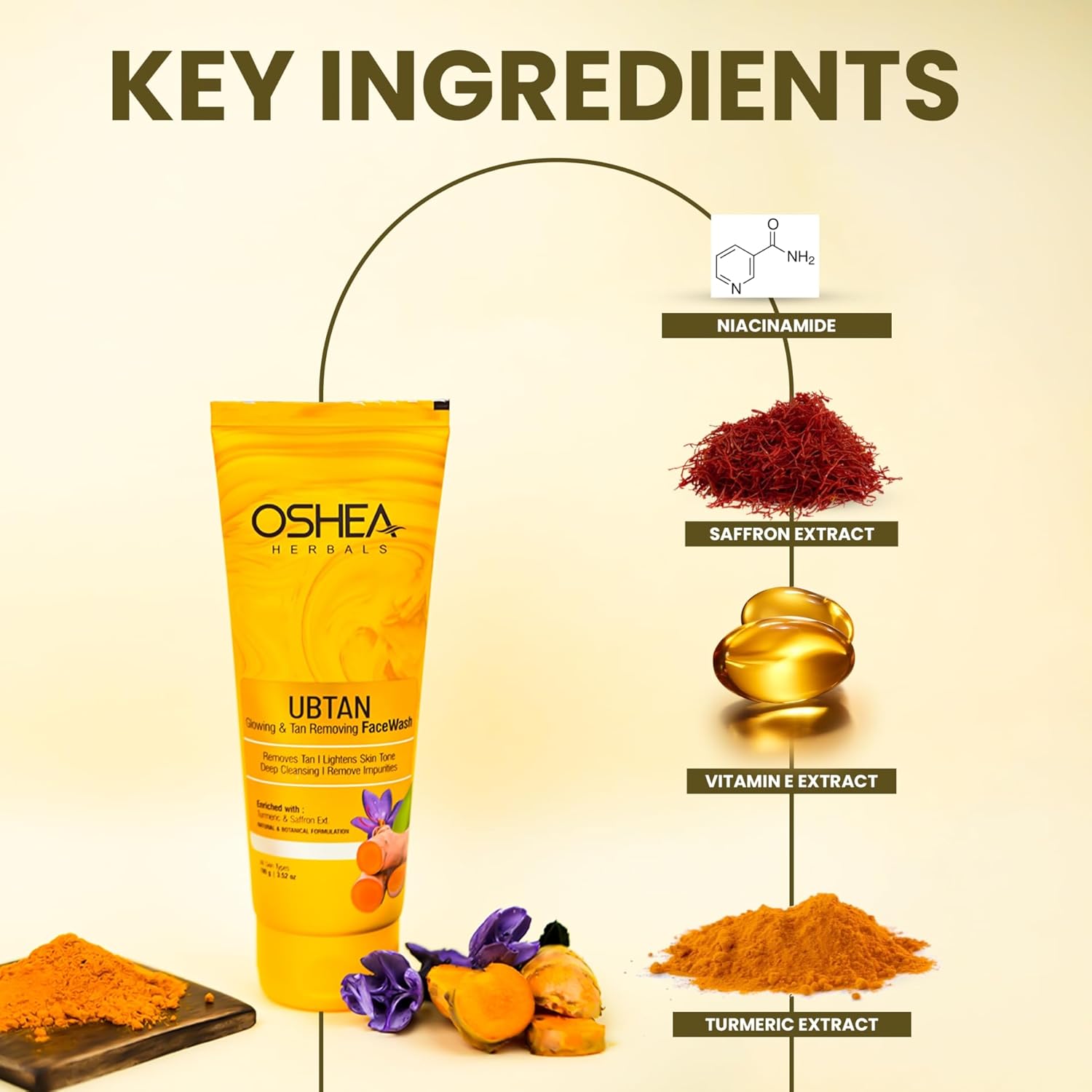 Oshea Herbals Ubtan Glowing & Tan Removal Face Wash for All Skin Types | Removes Tan & Impurities with Deep Cleansing | Enriched with Turmeric & Saffron Extracts 100g