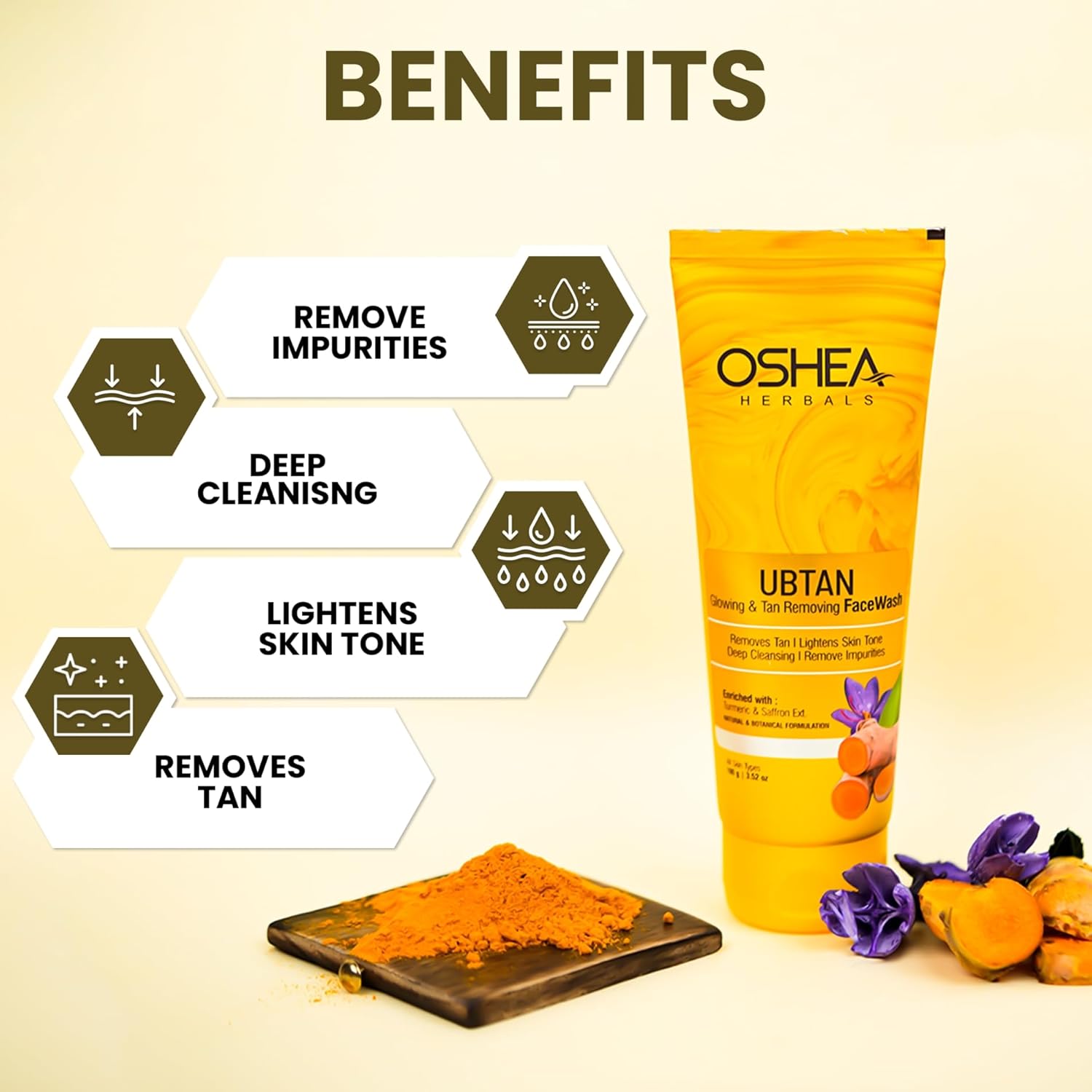 Oshea Herbals Ubtan Glowing & Tan Removal Face Wash for All Skin Types | Removes Tan & Impurities with Deep Cleansing | Enriched with Turmeric & Saffron Extracts 100g