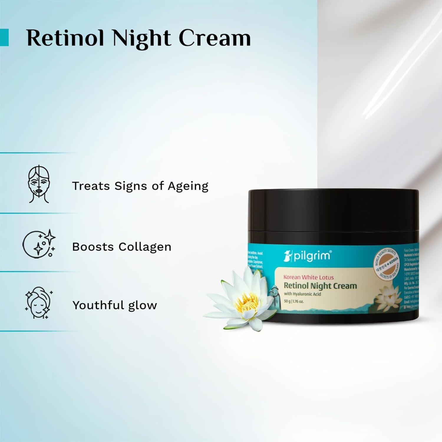 PILGRIM Korean Retinol Anti Aging Night Cream with Hyaluronic Acid & Vitamin C |Discover young, wrinkle-free & radiant skin| Anti aging cream for oily & dry skin| For Men & Women|Korean Skin Care|50gm