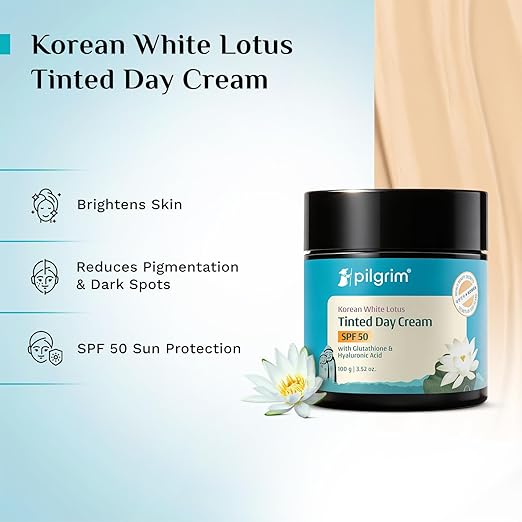 PILGRIM Korean White Lotus Face Cream with SPF 50 | White Lotus Day cream for women daily use | Face cream for dry skin, sensitive skin & oily skin | For Women and Men | 100g