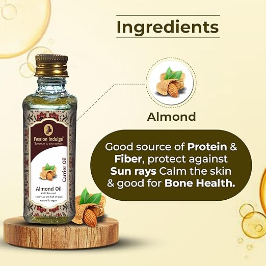 Passion Indulge Natural Almond Carrier Oil for Skin, Hair and Face (60ml)