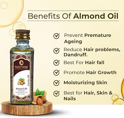 Passion Indulge Natural Almond Carrier Oil for Skin, Hair and Face (60ml)