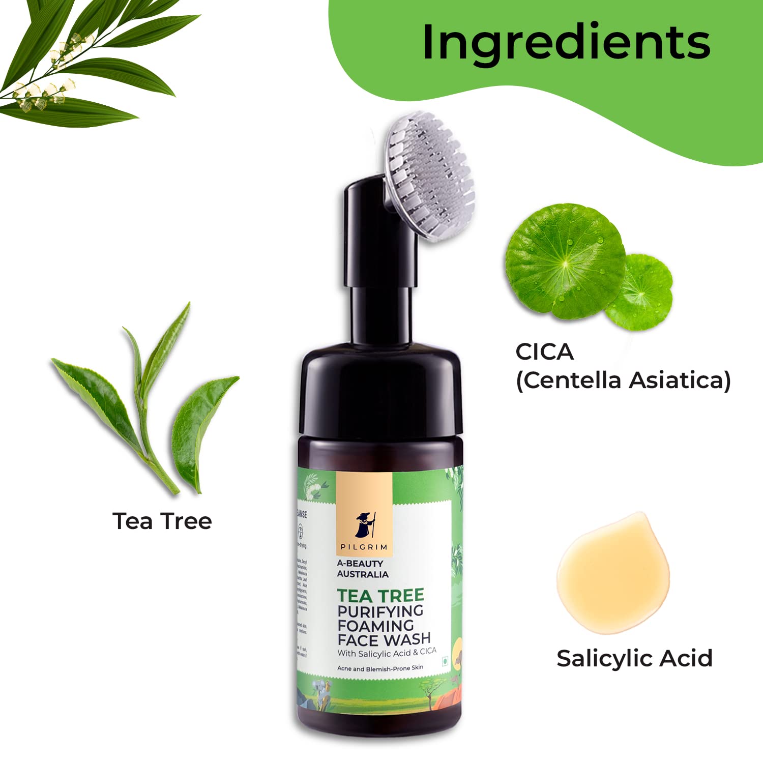 Pilgrim Australian Tea Tree & 1% Salicylic acid Foaming Face wash with brush 120ml
