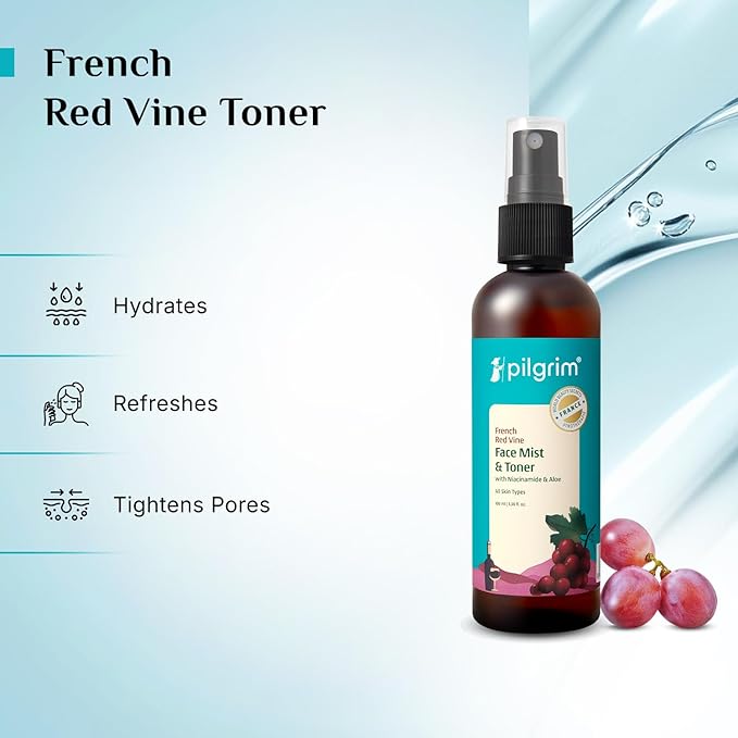 Pilgrim Alcohol Free Red Vine Face Toner Spray with Vitamin B3 and Aloe, Face Mist Spray For Anti Ageing, Glowing Skin, Dry, Oily Skin, Men & Women,100ml