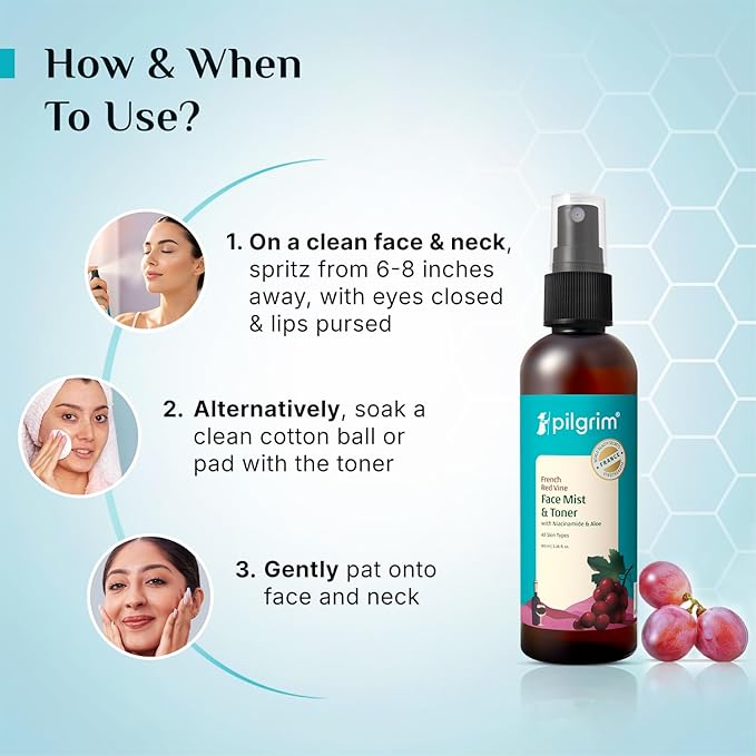 Pilgrim Alcohol Free Red Vine Face Toner Spray with Vitamin B3 and Aloe, Face Mist Spray For Anti Ageing, Glowing Skin, Dry, Oily Skin, Men & Women,100ml