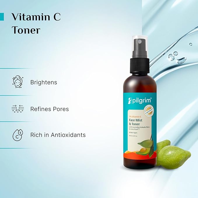 Pilgrim Australian 1% Vitamin C Toner for glowing skin with Kakadu Plum & Lime Pearl™ | Vitamin C toner for dry skin | Vitamin C toner for open pores tightening & refining | Alcohol free | 100 ml