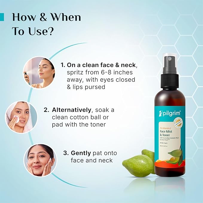 Pilgrim Australian 1% Vitamin C Toner for glowing skin with Kakadu Plum & Lime Pearl™ | Vitamin C toner for dry skin | Vitamin C toner for open pores tightening & refining | Alcohol free | 100 ml