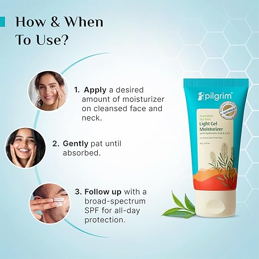 Pilgrim Australian Tea Tree Light Gel moisturizer for face for oily & acne prone skin with Hyaluronic acid & CICA |Tea tree light non-oily moisturizer for face |For women & men | 80 gm