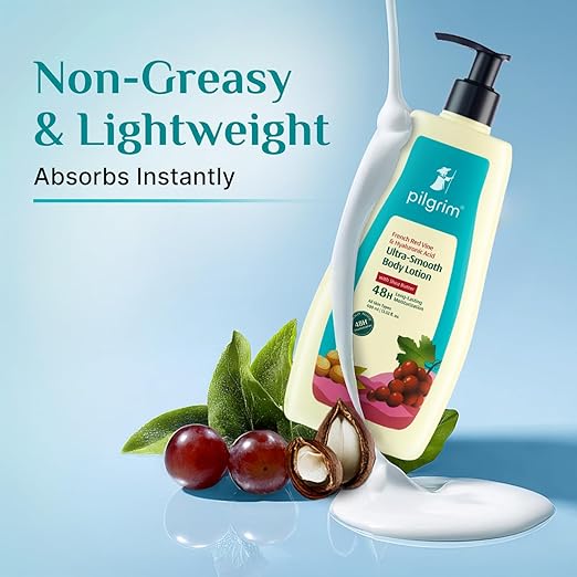 Pilgrim French Red Vine & Hyaluronic Acid Ultra Smooth Body Lotion | 48H Moisturization | Body lotion for dry skin | Infused With Shea Butter | For All Skin Types 400ml (400ml, Red Vine Ultra Smooth Body Lotion)
