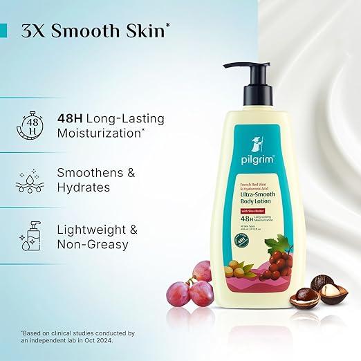 Pilgrim French Red Vine & Hyaluronic Acid Ultra Smooth Body Lotion | 48H Moisturization | Body lotion for dry skin | Infused With Shea Butter | For All Skin Types 400ml (400ml, Red Vine Ultra Smooth Body Lotion)