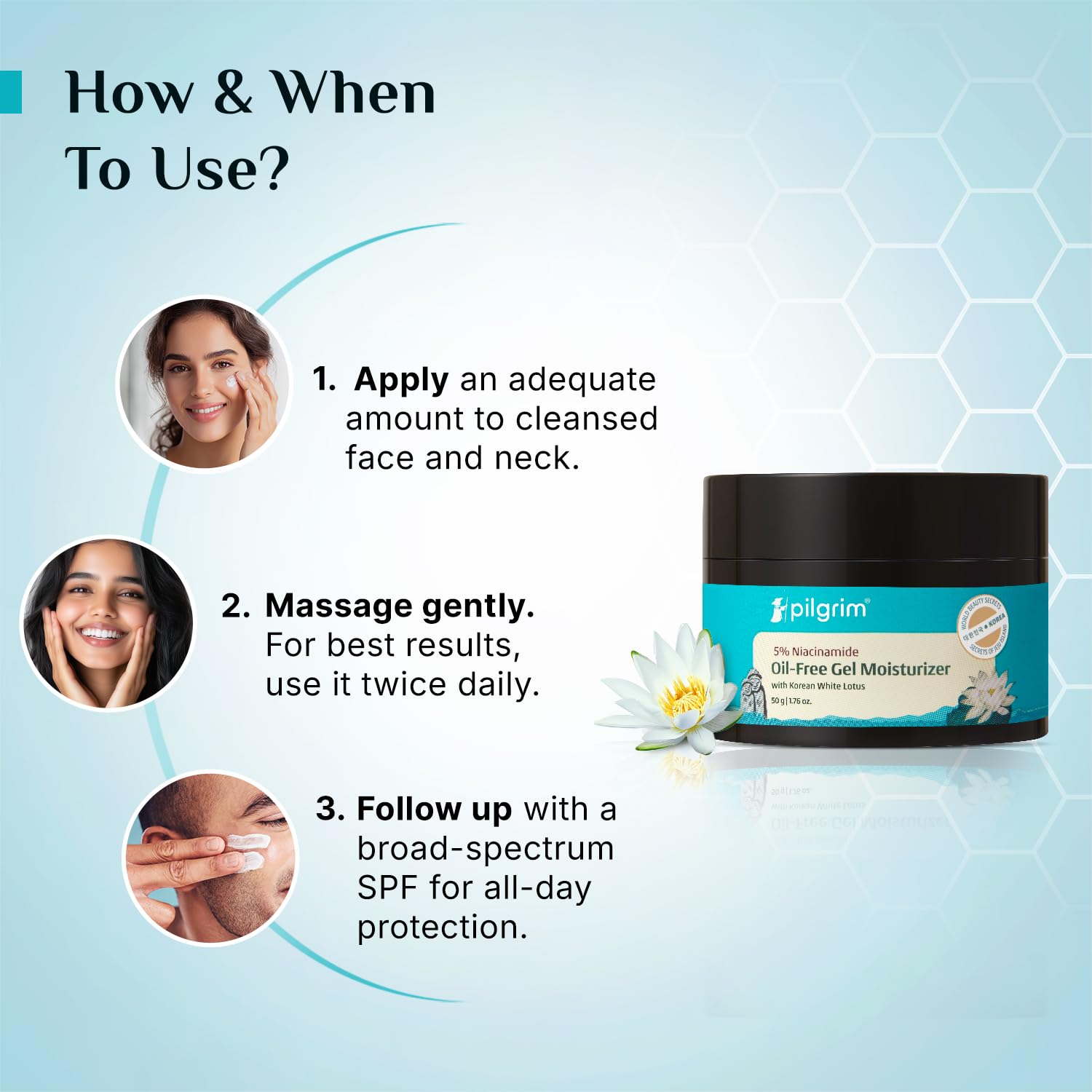 Pilgrim Korean Oil free Gel Moisturizer for oily skin with Hyaluronic Acid & Willow Bark Extracts | Moisturiser for face | Suitable for Oily & Acne-Prone Skin| Men & Women | Korean Skin Care | 50gm