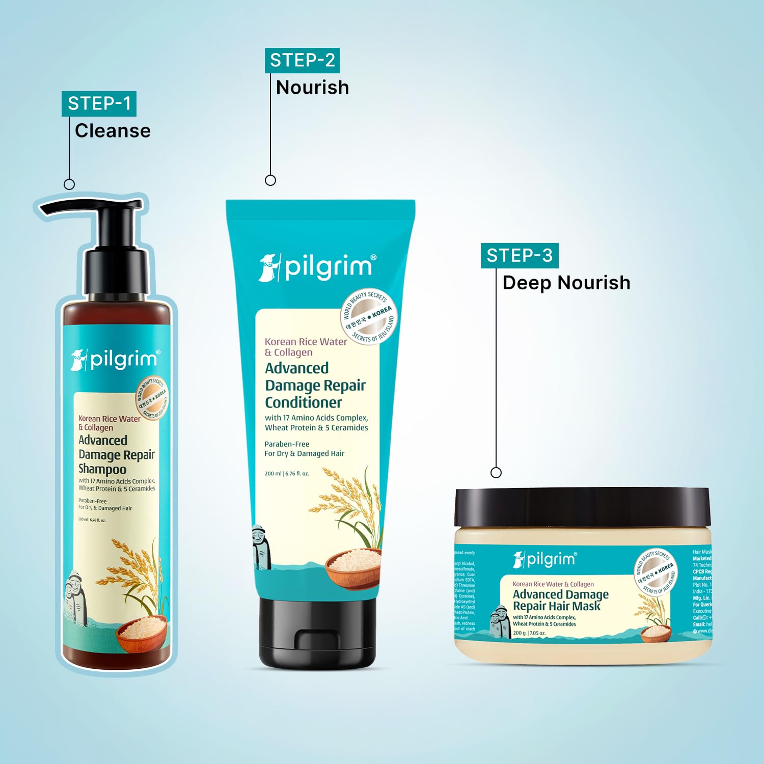 Pilgrim Korean Rice Water & Collagen Advanced Damage Repair Shampoo - 200ml