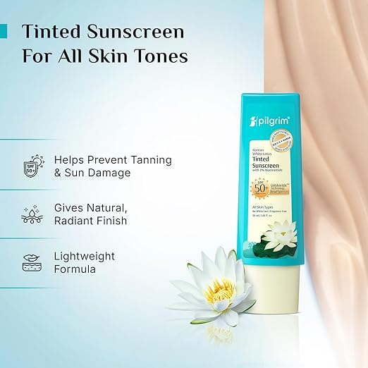 Pilgrim Korean White Lotus Tinted Sunscreen SPF 50+ PA++++ with 3% Niacinamide