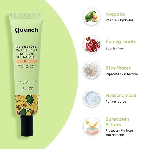 QUENCH BOTANICS Daily Defense Tinted Sunscreen SPF 50 PA+++ For Glowing Skin With Avocado & 2% Niacinamide
