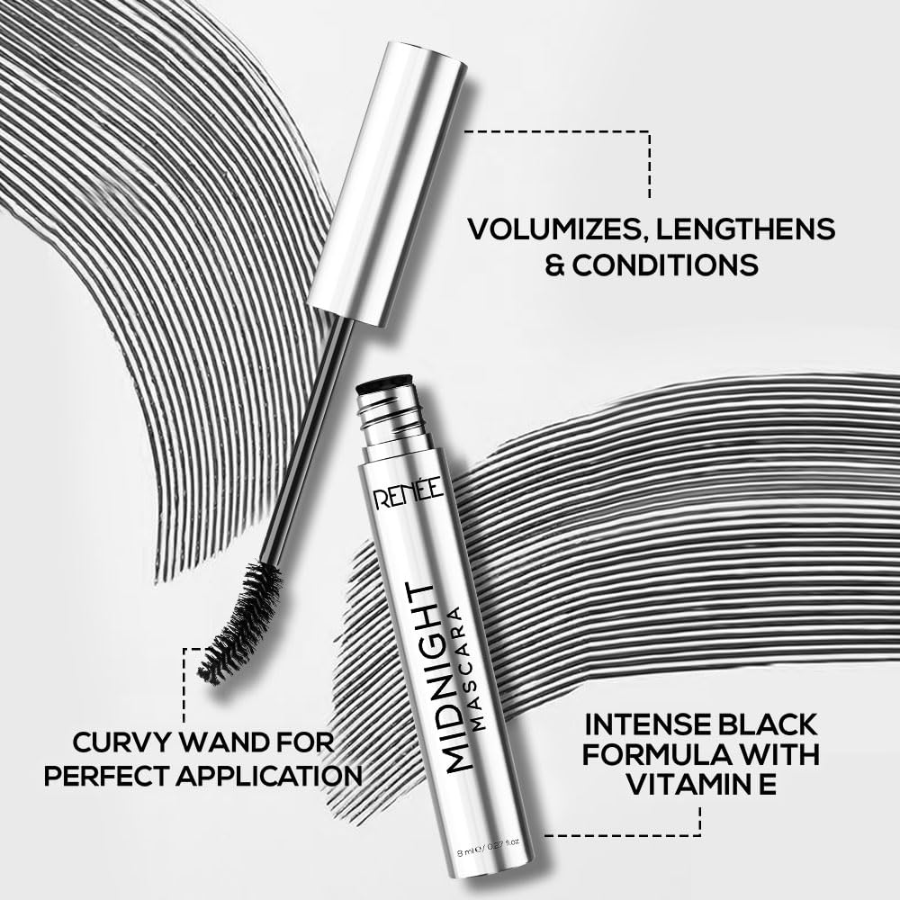 RENEE Midnight Mascara with Unique 360-Degree Wand, Darkest Black, Clump-Free, Long-Lasting Formula, Volumizes, Lengthens