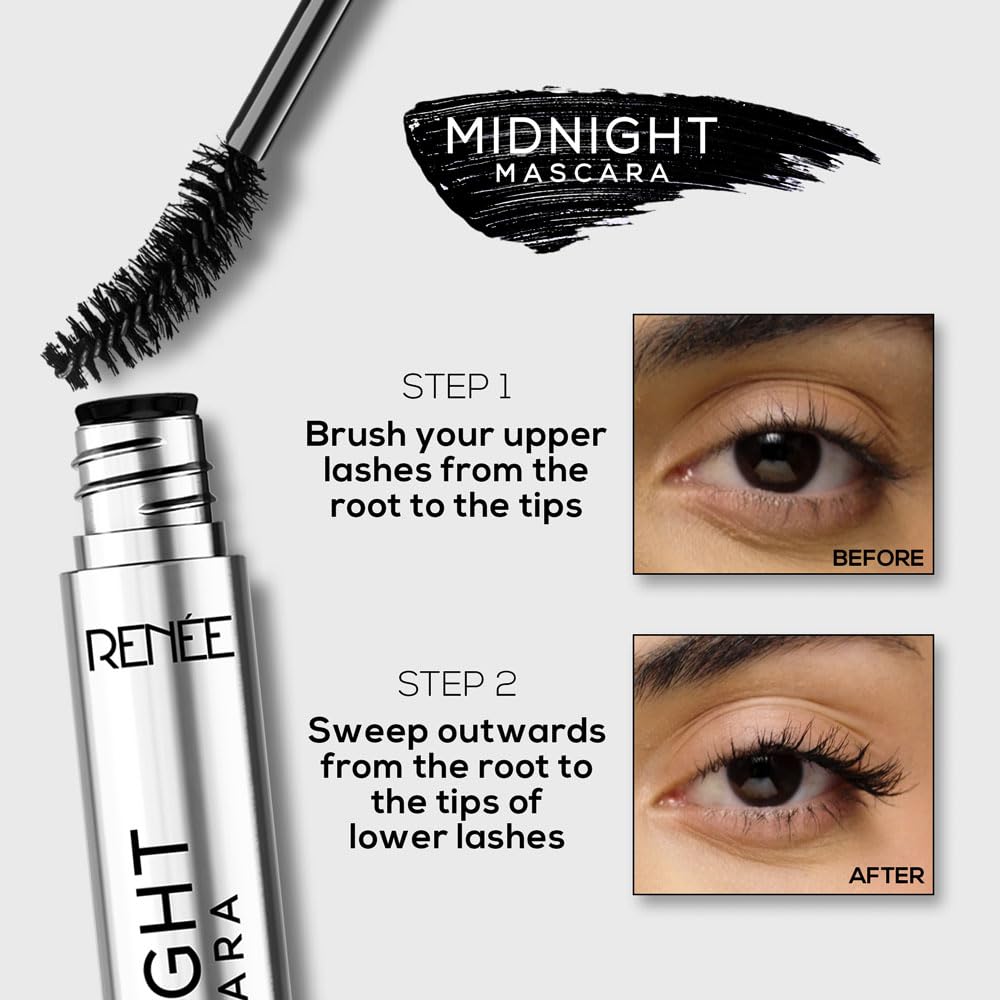RENEE Midnight Mascara with Unique 360-Degree Wand, Darkest Black, Clump-Free, Long-Lasting Formula, Volumizes, Lengthens