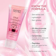 RENEE Pink Therapy PDRN 2-in-1 Sunscreen + Moisturizer SPF 50 PA+++ | In-Vivo Tested | with Niacinamide | Broad Spectrum UVA & UVB Protection | No Visible White Cast | Evens Skin Tone | 50g