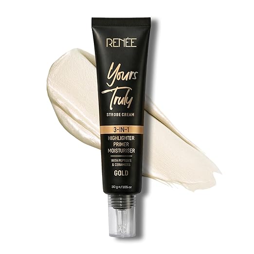 RENEE Yours Truly Strobe Cream for Face | 3 in 1 Highlighter Primer Moisturiser | Glow Cream, Lightweight, Non Sticky | Hydrating Dewy Skin Finish With Peptides | For All Skin Types | Rose Gold - 30g
