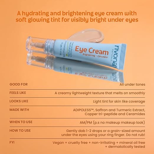 Rivona Naturals 2-in-1 Tinted Eye Cream with Concealer | Bakuchiol, Copper Peptides & Niacinamide | Reduces Dark Circles, Puffiness & Fine Lines | Natural Retinol Formula with Mineral Sunscreen | Instant Brightening No-Makeup Look | 15ml