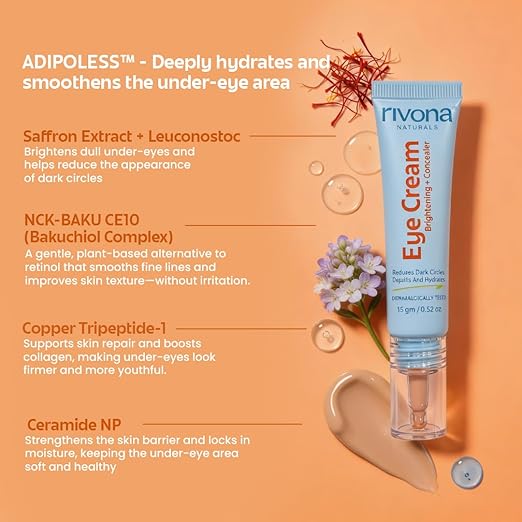 Rivona Naturals 2-in-1 Tinted Eye Cream with Concealer | Bakuchiol, Copper Peptides & Niacinamide | Reduces Dark Circles, Puffiness & Fine Lines | Natural Retinol Formula with Mineral Sunscreen | Instant Brightening No-Makeup Look | 15ml