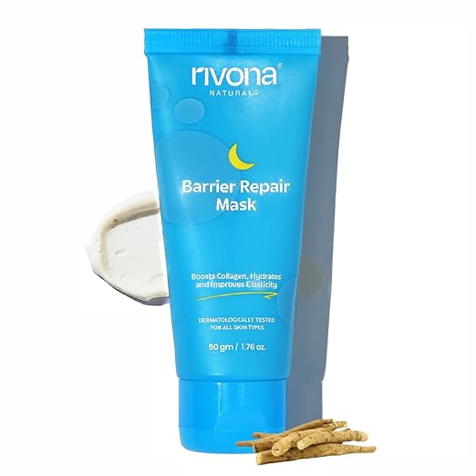 Rivona Naturals Barrier Repair Hydrating Mask 4-in-1, Leave on Overnight Mask Pack with Ceramides & Peptides, Boosts collagen, gives Glass skin, use as eye and hand mask | Suitable for Men and Women | All skin types 50gm