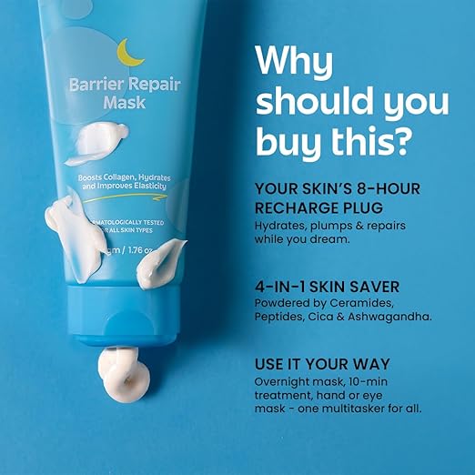 Rivona Naturals Barrier Repair Hydrating Mask 4-in-1, Leave on Overnight Mask Pack with Ceramides & Peptides, Boosts collagen, gives Glass skin, use as eye and hand mask | Suitable for Men and Women | All skin types 50gm