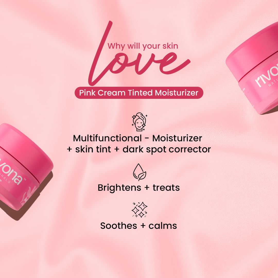 Rivona Naturals Bright Pink Face Cream | Long-Lasting Hydration | Light make up look | Vegan | Niacinamide & Mulberry Extracts| Tinted moisturiser | 50 gm (Warm Beige, 50 g (Pack of 1)
