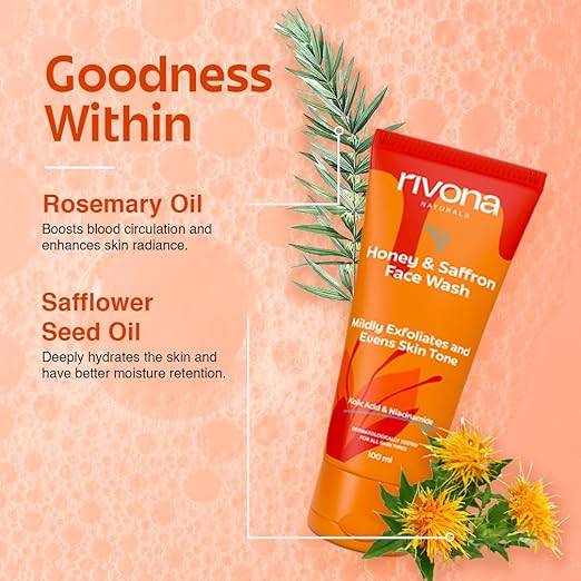 Rivona Naturals Honey & Saffron, brightening facewash with Niacinamide, Kojic Acid l Daily Gentle Face Cleanser For All Skin Types 100gm