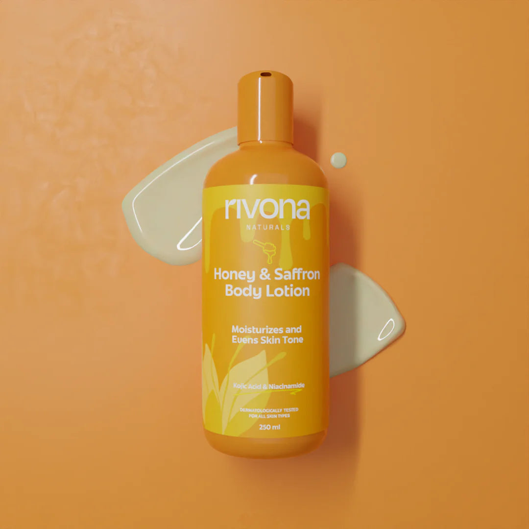 Rivona Naturals Honey & Saffron body Lotion | Enriched with 2% Kojic + Honey & Saffron | Skin Brightening, Moisturizing |100% Vegan|Men & Women |All Skin types|250 ml